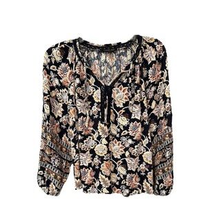 Rachel Zoe Blouse Boho V Neck Crochet Tunic Peasant Blouse Black Floral Size M
